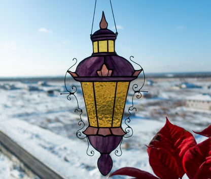 Stained Glass Street Lamp Suncatcher — Victorian Gas Lantern, Dark Academia Window Art Gift