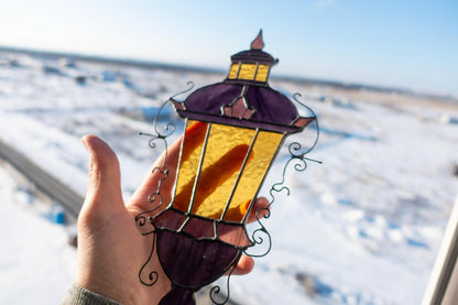 Stained Glass Street Lamp Suncatcher — Victorian Gas Lantern, Dark Academia Window Art Gift
