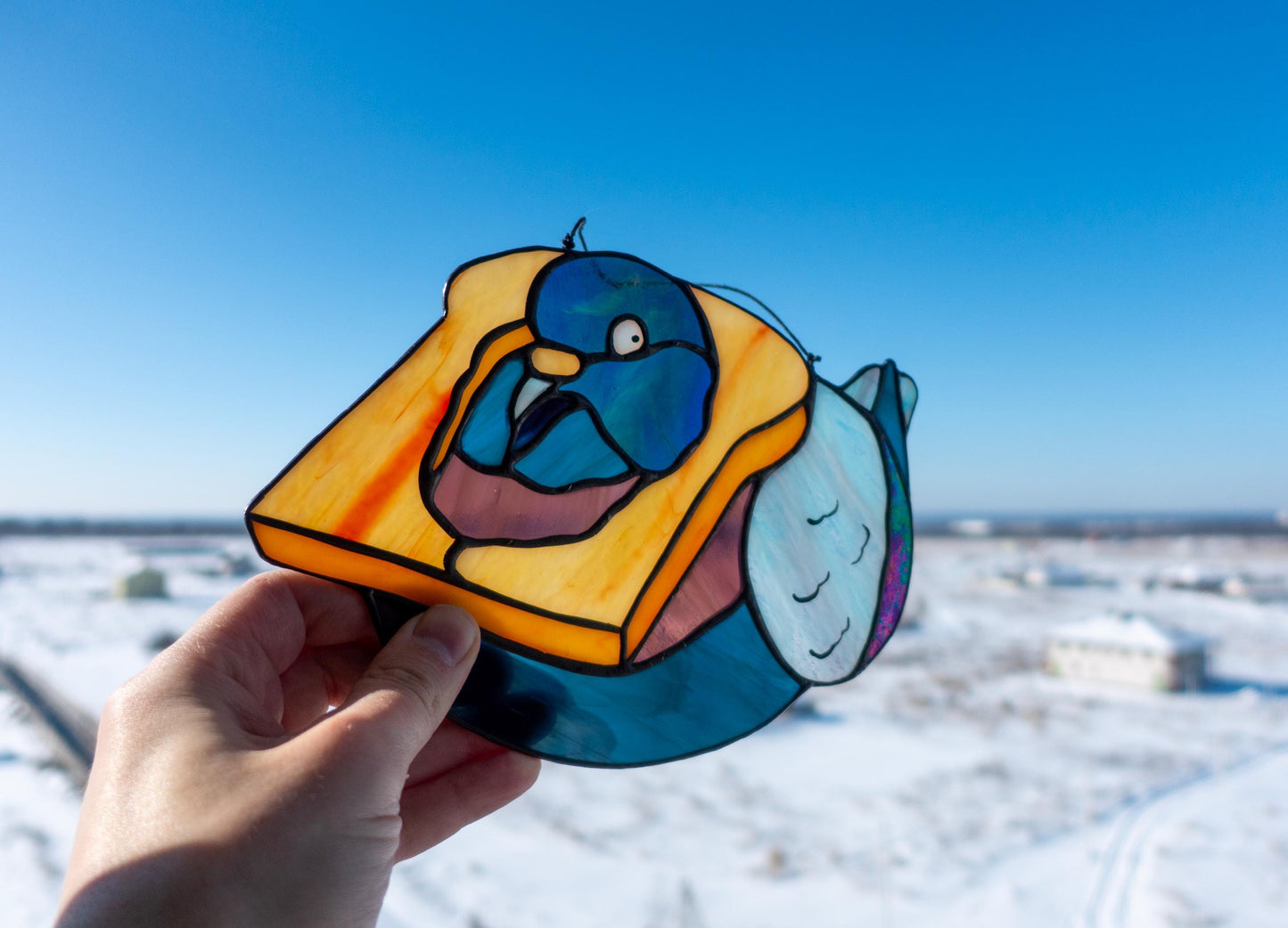 Bread Pigeon Stained Glass Suncatcher — Funny Derpy Bird Meme, Quirky Window Art, Meme Gift