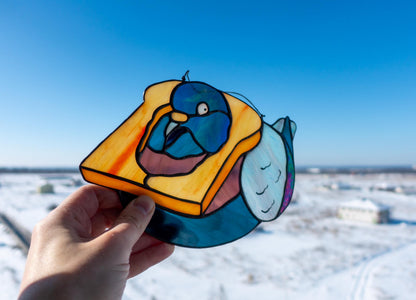 Bread Pigeon Stained Glass Suncatcher — Funny Derpy Bird Meme, Quirky Window Art, Meme Gift