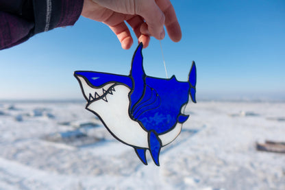 Chonky Shark Stained Glass Suncatcher — Fat Cute Blue Shark, Funny Ocean Window Art Gift