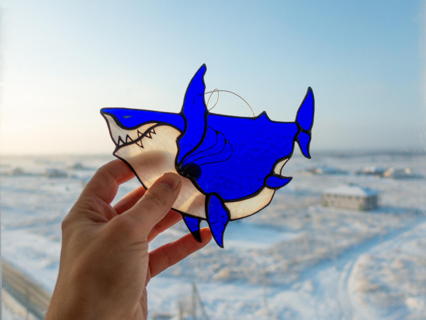 Chonky Shark Stained Glass Suncatcher — Fat Cute Blue Shark, Funny Ocean Window Art Gift