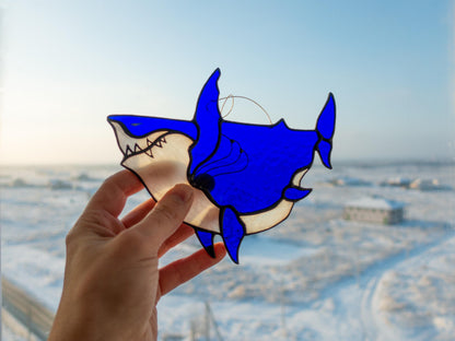 Chonky Shark Stained Glass Suncatcher — Fat Cute Blue Shark, Funny Ocean Window Art Gift