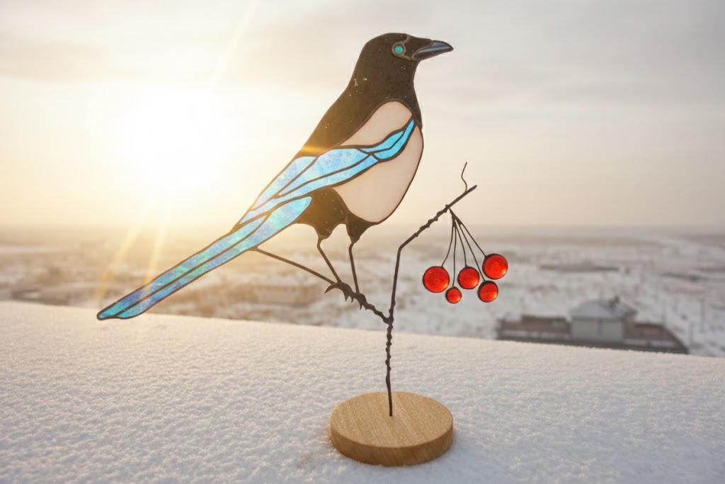 Stained Glass Magpie Sculpture — Iridescent Bird on Viburnum Branch, Wooden Base, Bird Gift