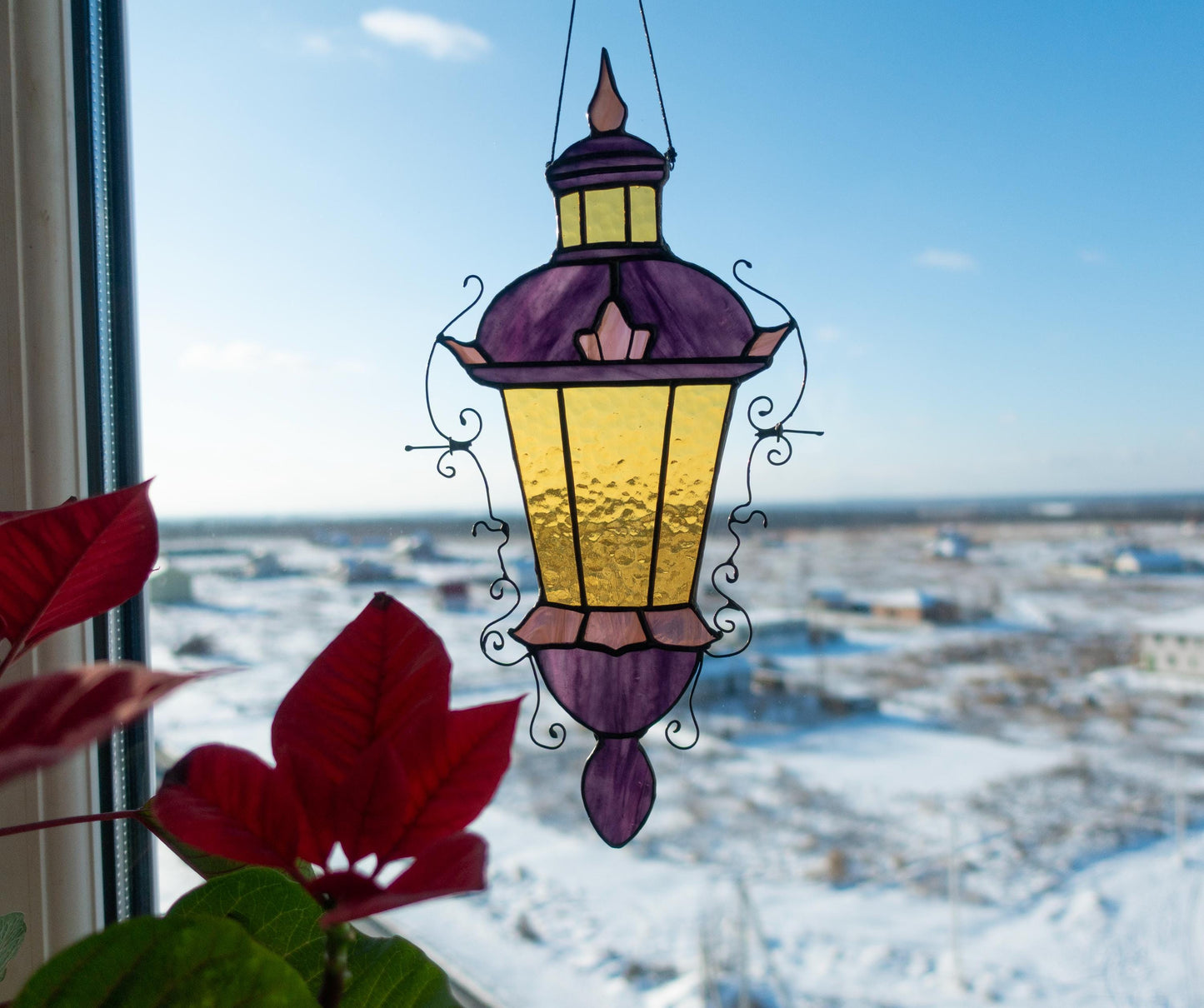 Stained Glass Street Lamp Suncatcher — Victorian Gas Lantern, Dark Academia Window Art Gift