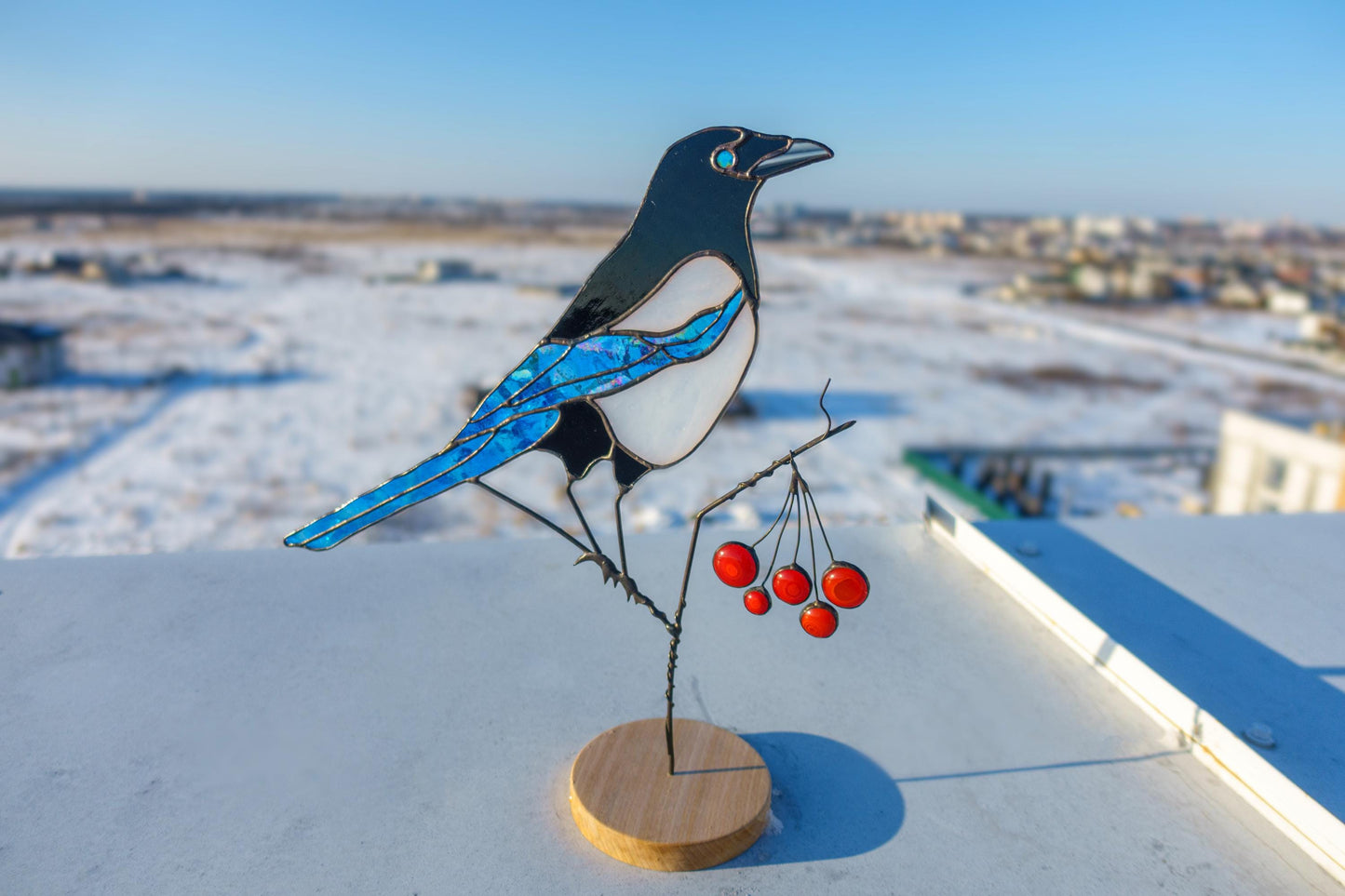 Stained Glass Magpie Sculpture — Iridescent Bird on Viburnum Branch, Wooden Base, Bird Gift