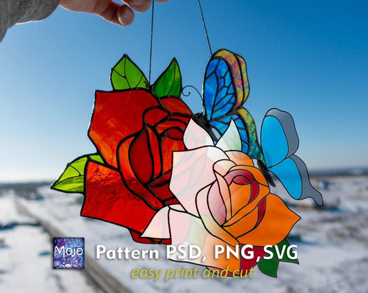 Rose and Butterfly Stained Glass Pattern — Romantic Floral DIY Suncatcher Template, svg psd Download