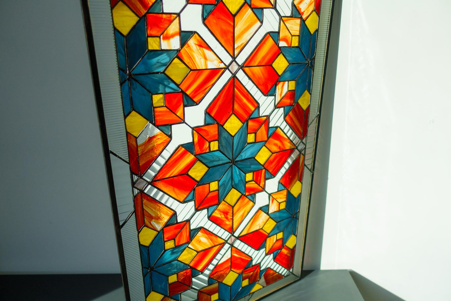 Stained Glass Window Panel — Geometric Tessellation, Abstract Sacred Geometry, Yoga Studio Decor Gift