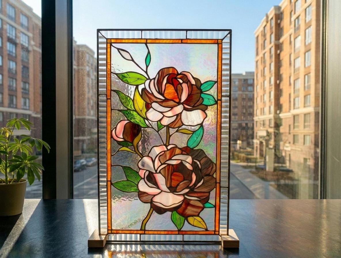 Stained Glass Window Panel — Pink Peony Flowers, Floral Window Hanging, Mothers Day Gift