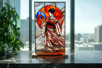 Stained Glass Panel — Geisha Japanese Kimono Wall Art, Oriental Window Hanging, Luxury Asian Gift