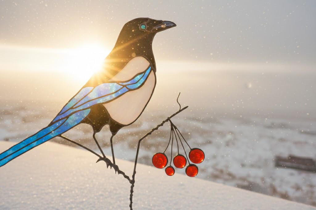 Stained Glass Magpie Sculpture — Iridescent Bird on Viburnum Branch, Wooden Base, Bird Gift