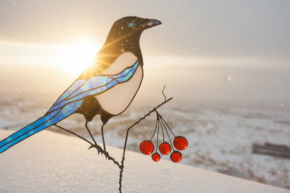 Stained Glass Magpie Sculpture — Iridescent Bird on Viburnum Branch, Wooden Base, Bird Gift