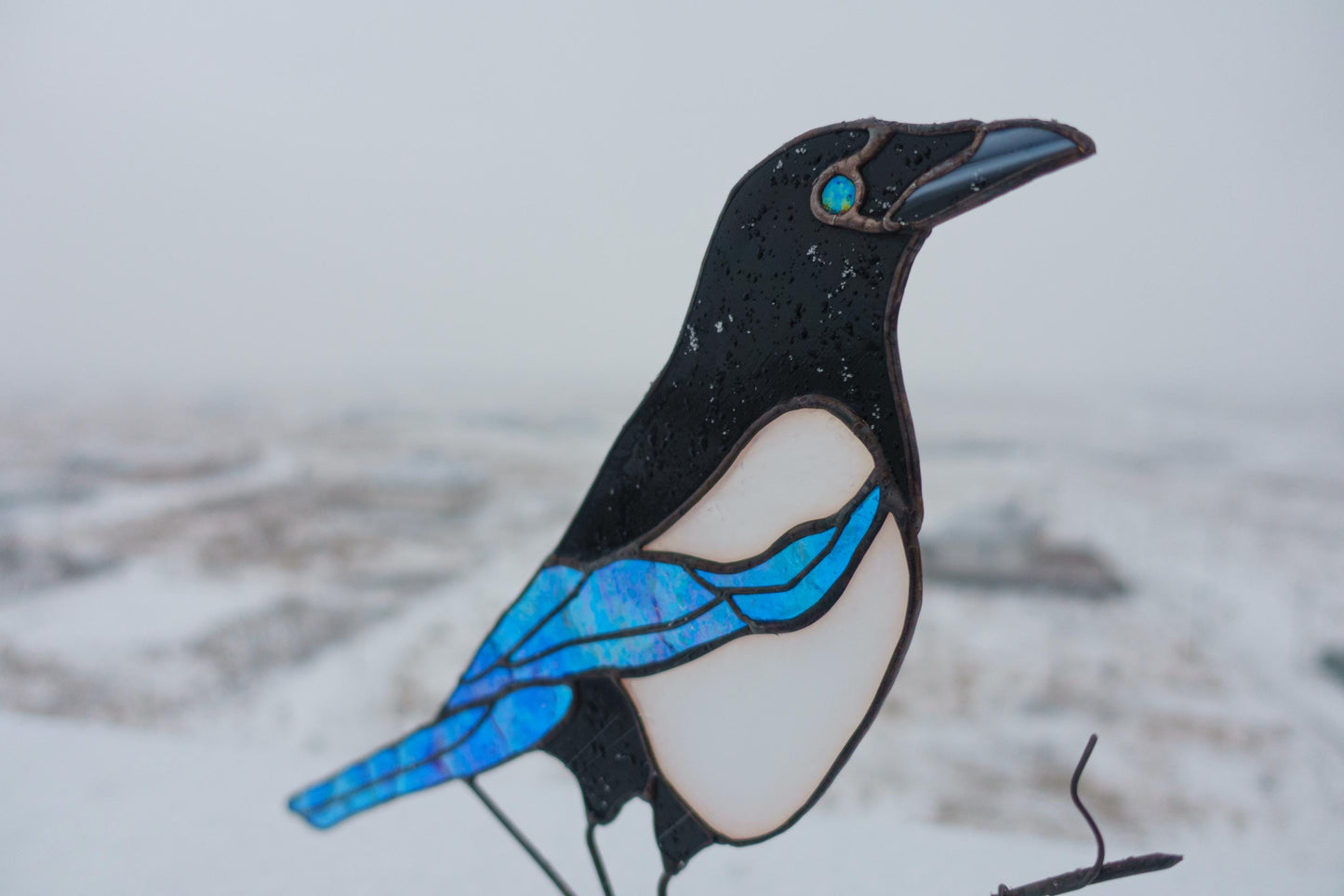Stained Glass Magpie Sculpture — Iridescent Bird on Viburnum Branch, Wooden Base, Bird Gift