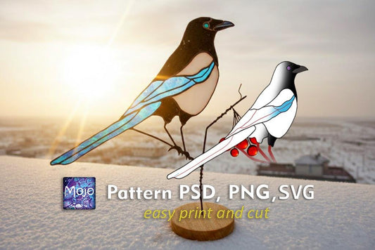 Magpie Sculpture Stained Glass Pattern — Bird on Stand DIY Template, Iridescent svg psd Download