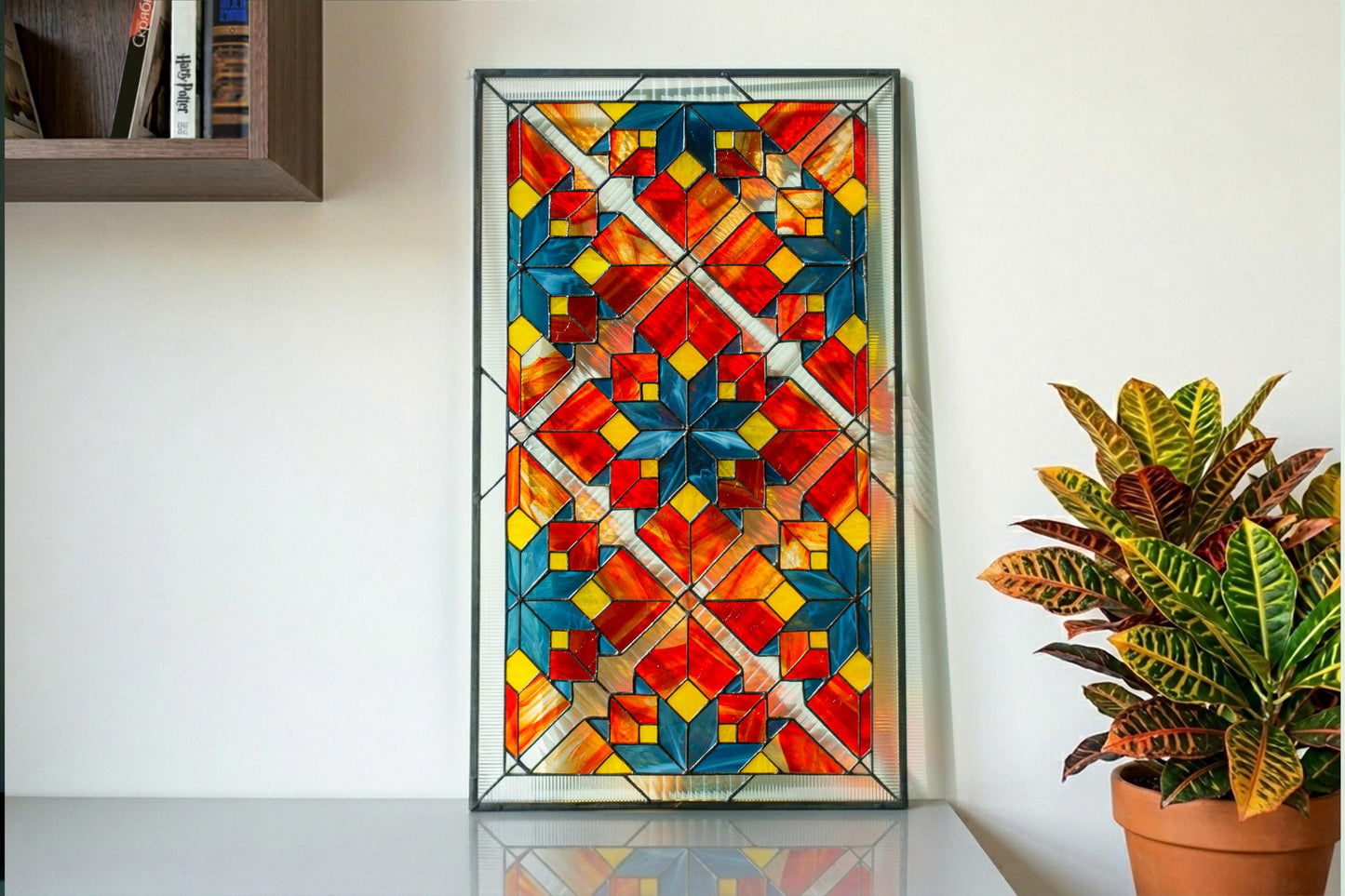 Stained Glass Window Panel — Geometric Tessellation, Abstract Sacred Geometry, Yoga Studio Decor Gift