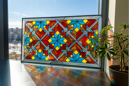 Stained Glass Window Panel — Geometric Tessellation, Abstract Sacred Geometry, Yoga Studio Decor Gift