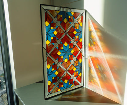 Stained Glass Window Panel — Geometric Tessellation, Abstract Sacred Geometry, Yoga Studio Decor Gift