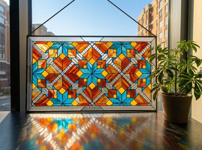 Geometric Tessellation Handmade Stained Glass Panel — Abstract Sacred Geometry Yoga Studio Decor