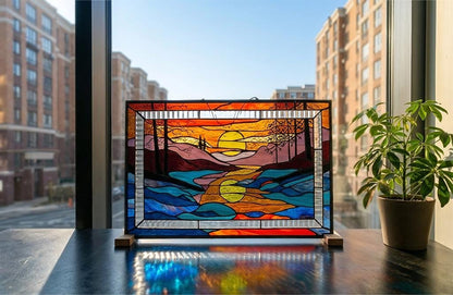 Mountain Sunset Handmade Stained Glass Window Panel — Large Landscape Hanging Housewarming Gift