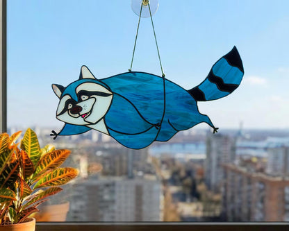 Stained Glass Raccoon Suncatcher — Trash Panda Heist Mode, Funny Meme Window Hanging, Quirky Gift