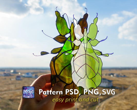 Leaf Insect Stained Glass Pattern — Phylliidae DIY Suncatcher Template, SVG PSD Download