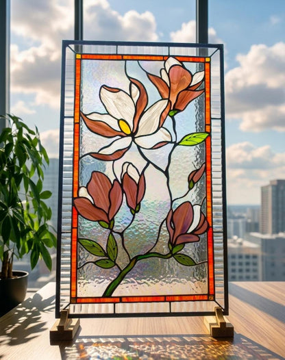 Pink Magnolia Handmade Stained Glass Window Panel — Floral Hanging Mother's Day Gift