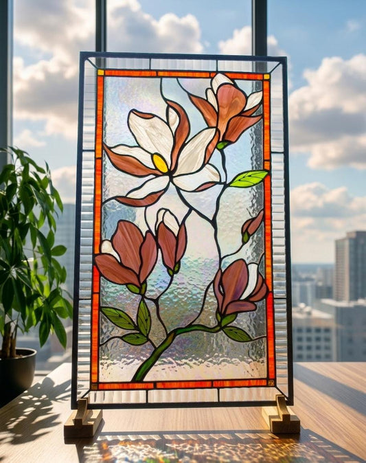 Pink Magnolia Handmade Stained Glass Window Panel — Floral Hanging Mother's Day Gift