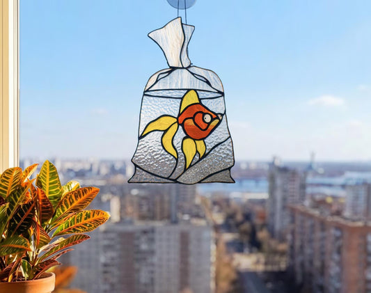 Goldfish in a Bag Handmade Stained Glass Suncatcher — Cute Funny Window Art Gift