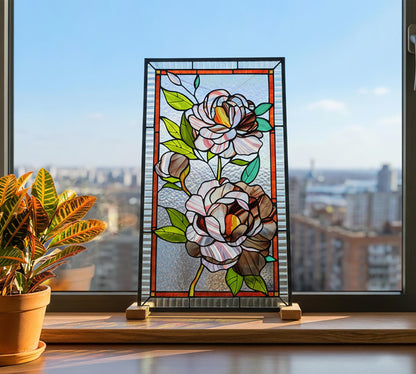 Stained Glass Window Panel — Pink Peony Flowers, Floral Window Hanging, Mothers Day Gift