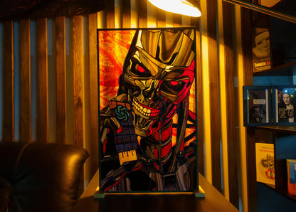 Cyborg Warrior Stained Glass Panel — Sci-Fi Metal Skull, Cyberpunk Large Window Art Gift Him