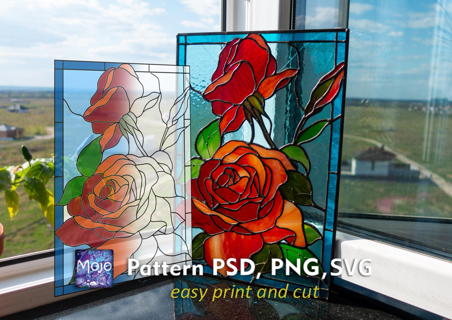 Stained Glass Rose Pattern SVG PSD — DIY Red Flower Panel, Cricut Silhouette Cut
