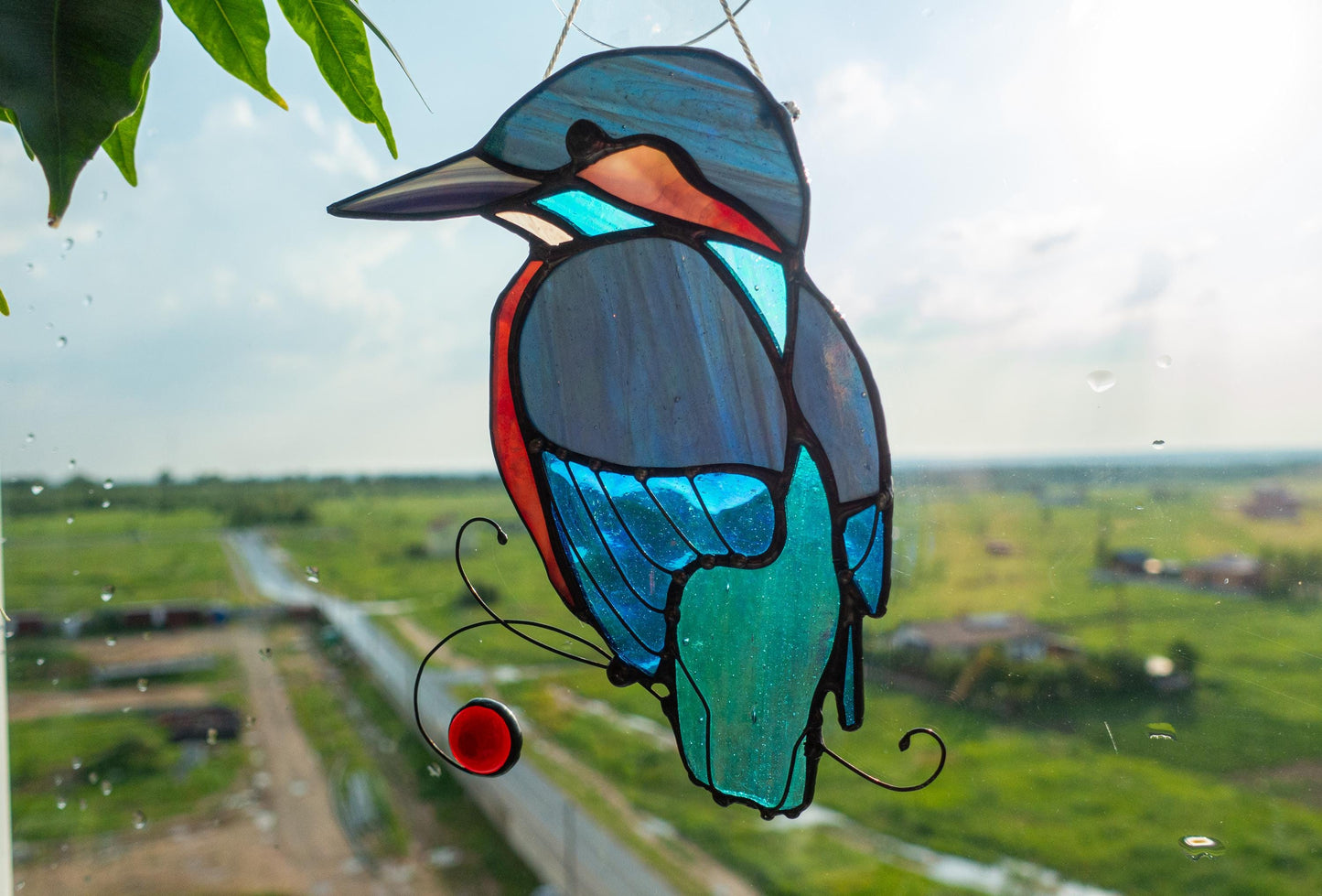 Handmade kingfisher stained glass suncatcher — iridescent blue bird window hanging nature decor