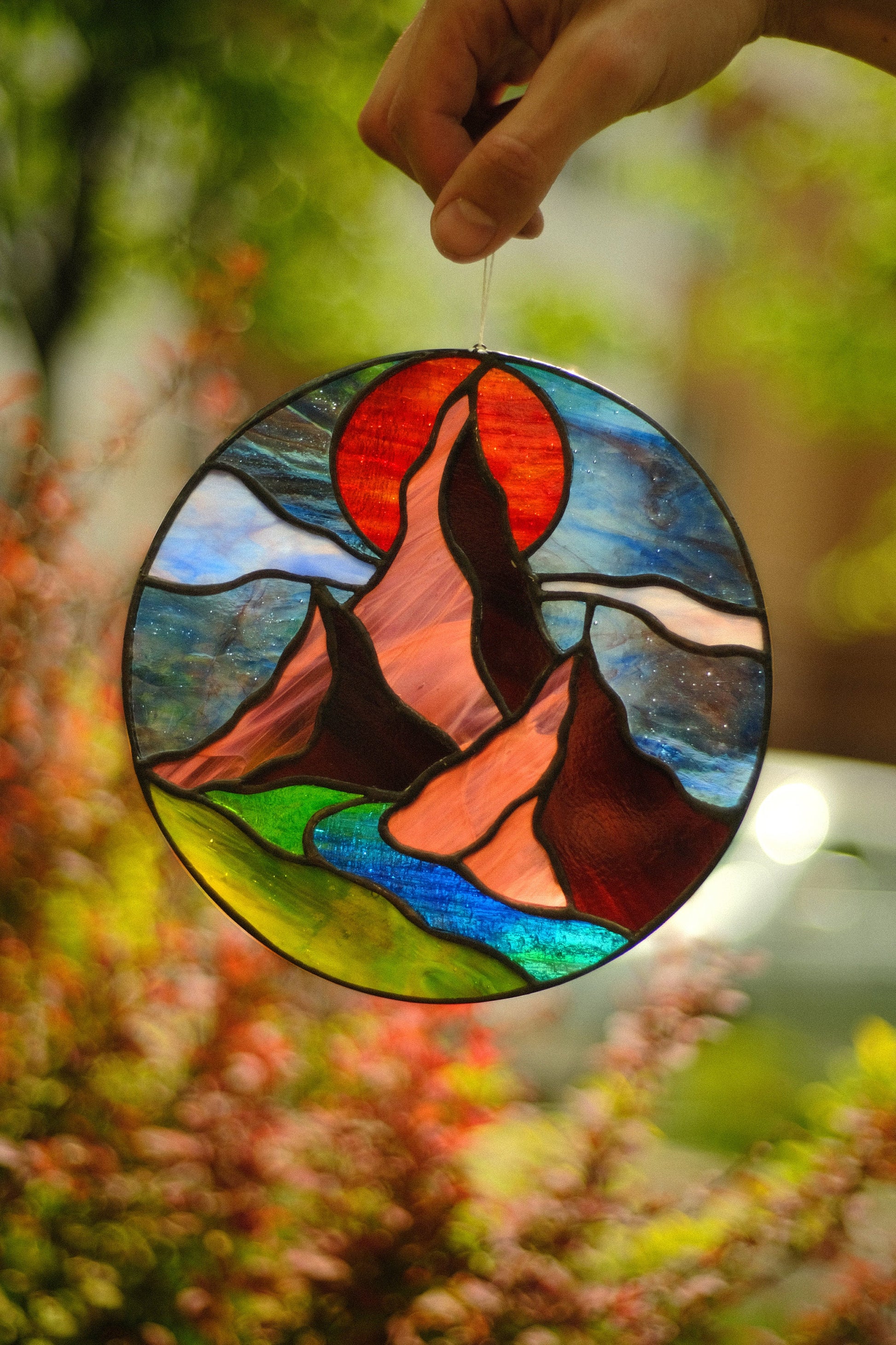 Handmade rocky mountain landscape small square stained glass suncatcher — geometric nature window art hiking gift