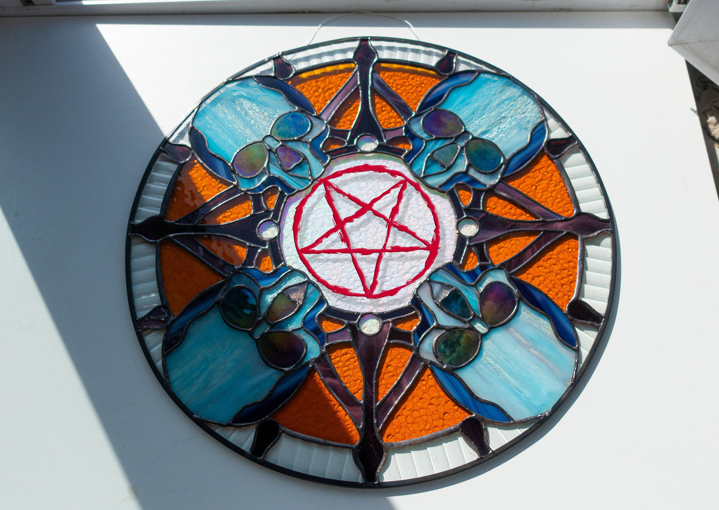 Handmade large round stained glass skull panel — 15.6 inch gothic Halloween window art, copper foil Tiffany method, Mojoartglass