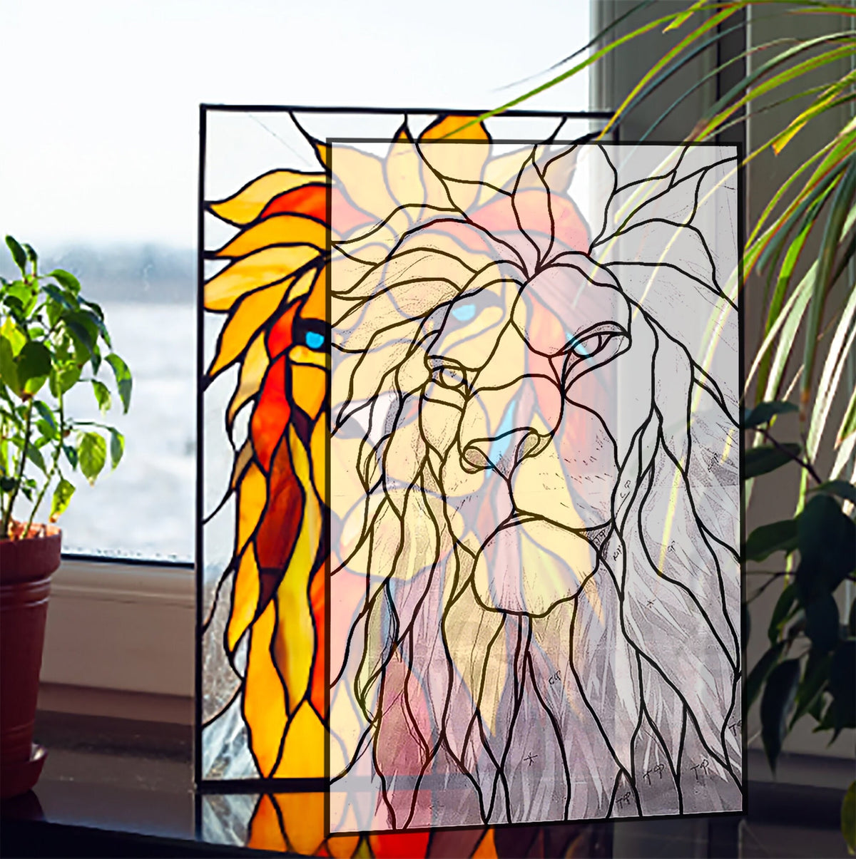 Abstract lion stained glass pattern SVG PSD download for DIY window panel suncatcher