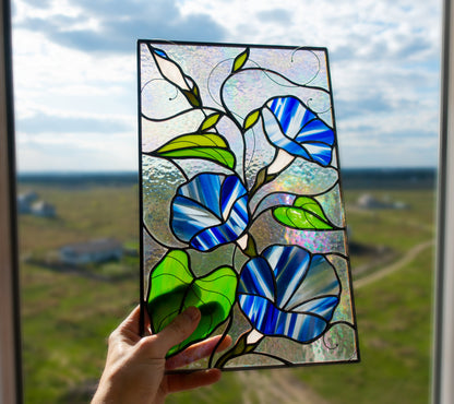 Handmade stained glass morning glory panel — purple blue trumpet bloom floral window art, Mojoartglass