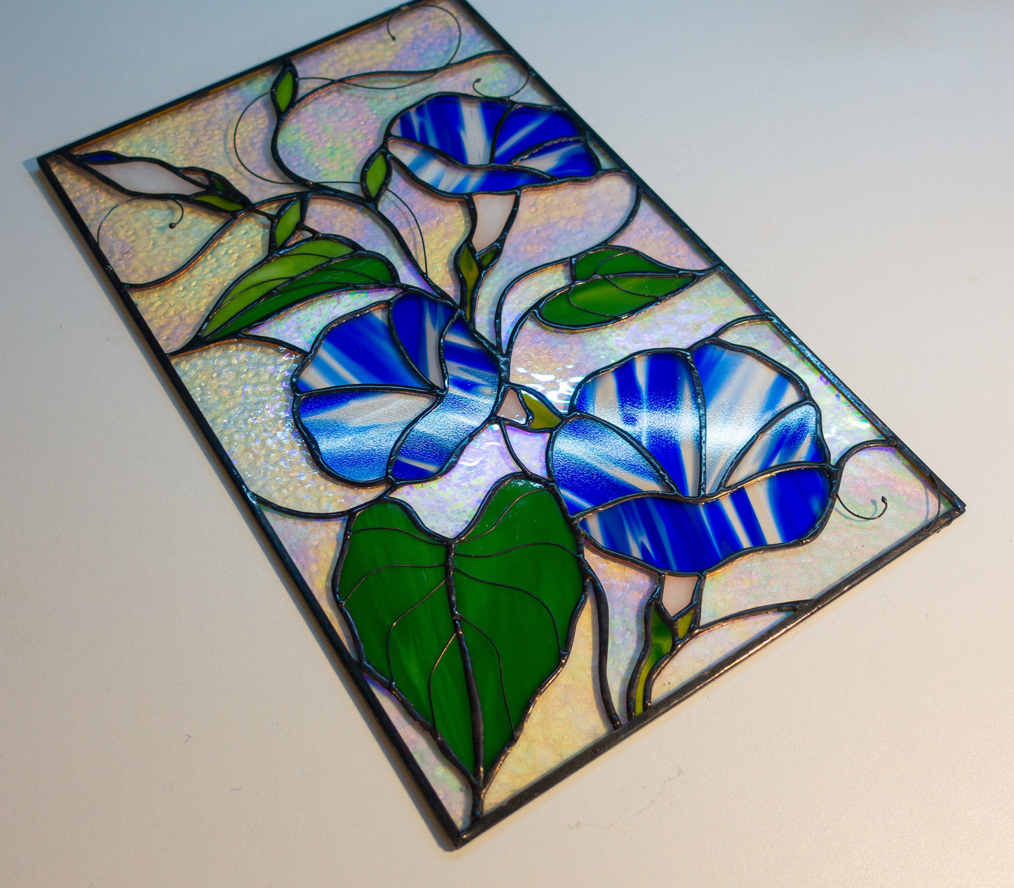 Stained glass morning glory art — hand-cut trumpet blooms and leaves, floral gift for her, Kyiv artist