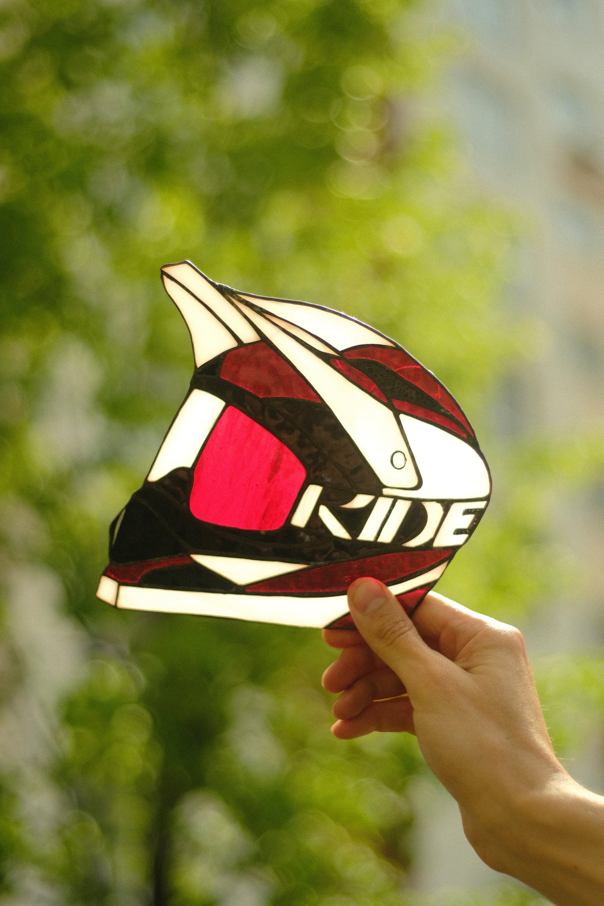 Full face helmet stained glass suncatcher — motocross enduro window art biker gift for him