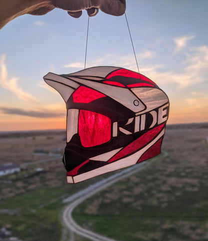 Handmade full face motocross helmet stained glass suncatcher — enduro biker window art gift for him