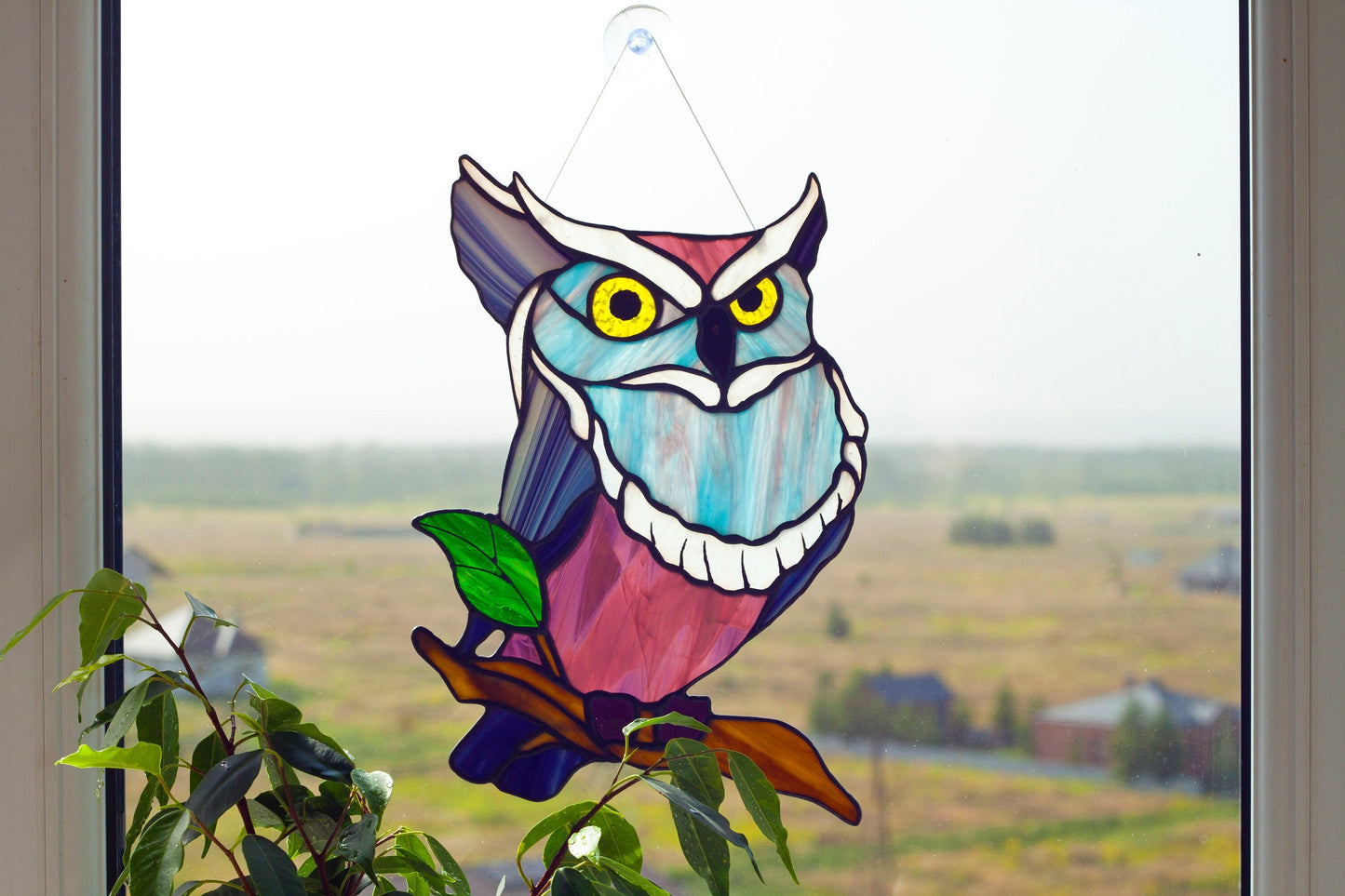 Mysterious owl stained glass suncatcher — night owl window art dark academia bird gift
