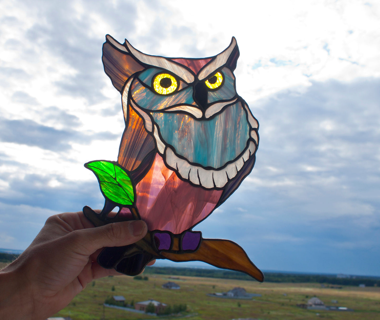 Handmade mysterious owl stained glass suncatcher — dark academia night owl window art bird lover gift