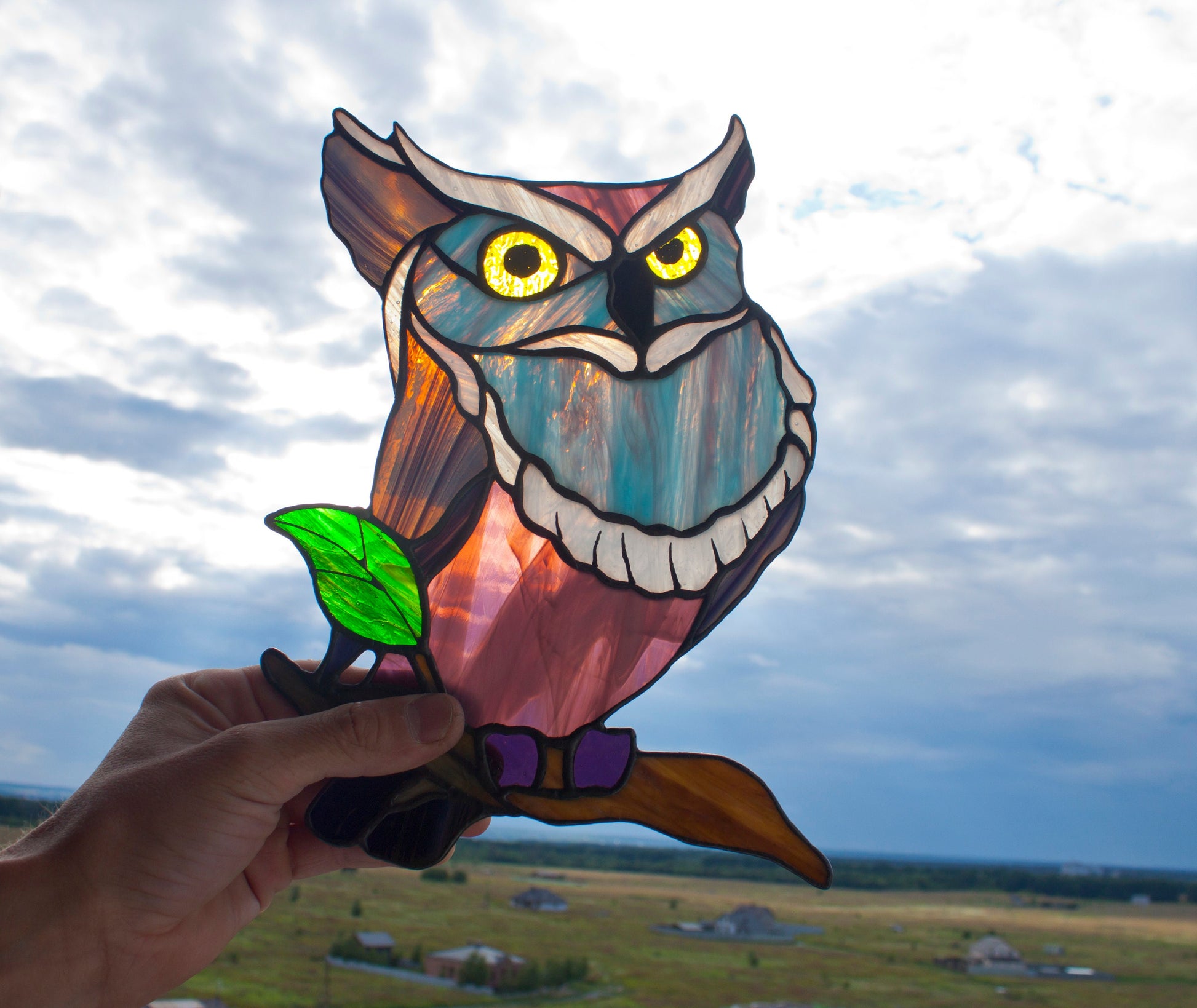 Handmade mysterious owl stained glass suncatcher — dark academia night owl window art bird lover gift