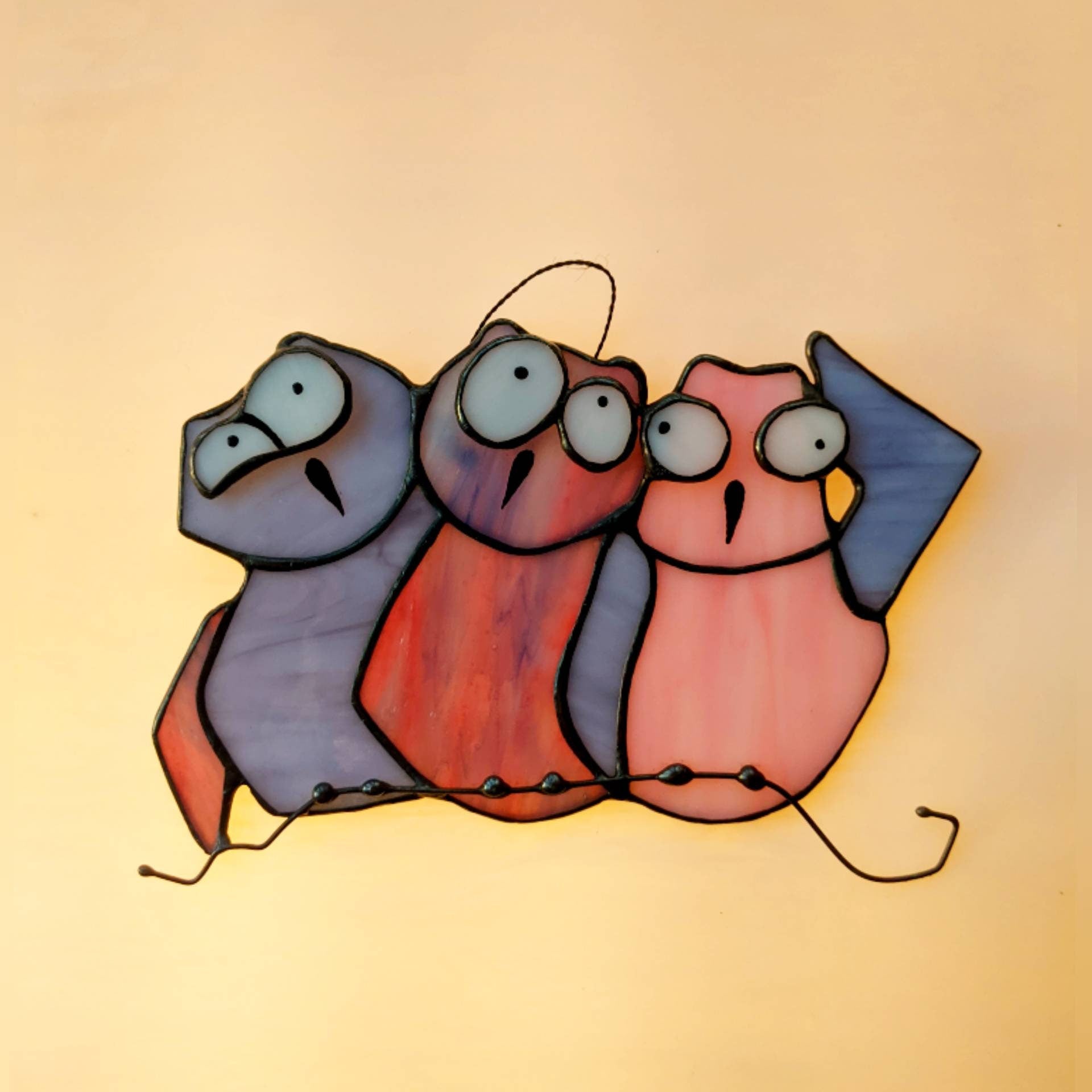 Stained glass owl trio art — round eyes hand-cut detail, gift for owl lovers, Kyiv artist