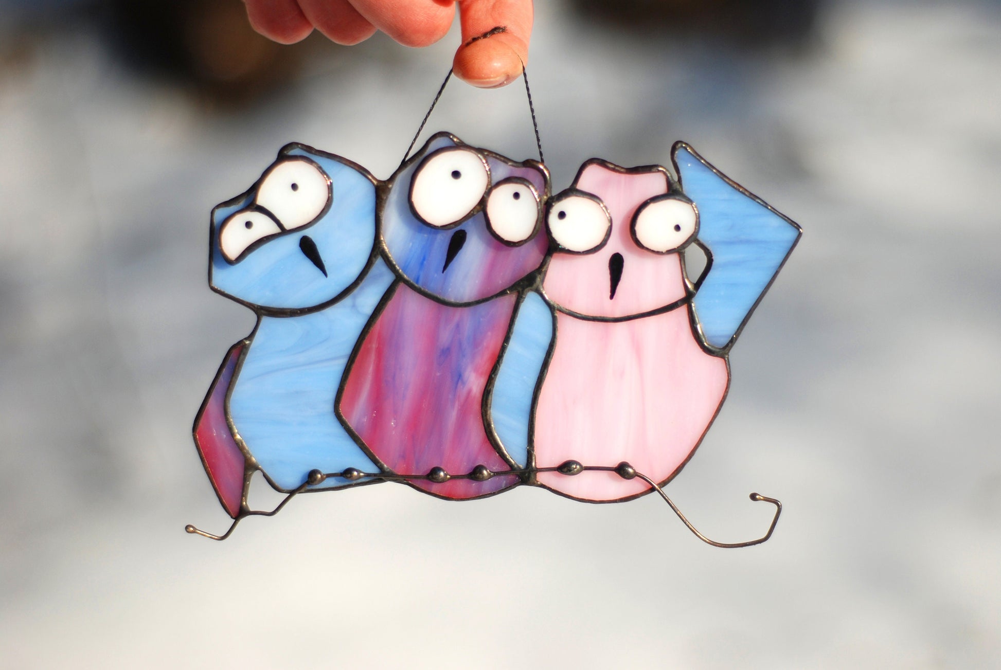 Three curious owls stained glass — warm amber brown green glass, copper foil Tiffany method, made in Ukraine