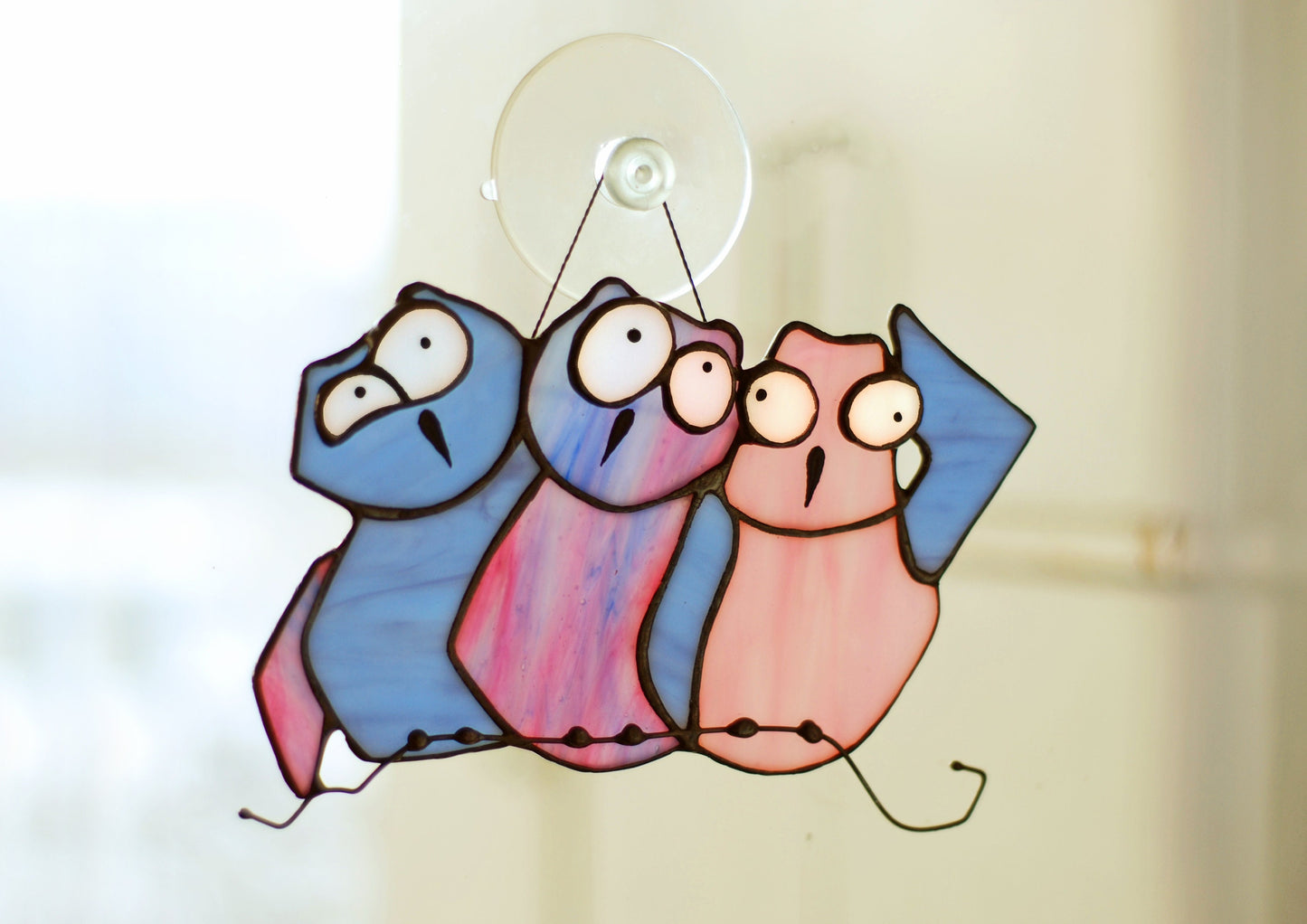 Three owls suncatcher hanging in window — 175×125mm, cottagecore woodland home decor