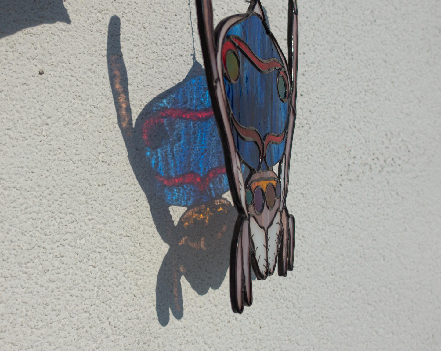 Stained glass peacock spider art — eight eyes iridescent fan detail, gift for spider lovers, Kyiv artist