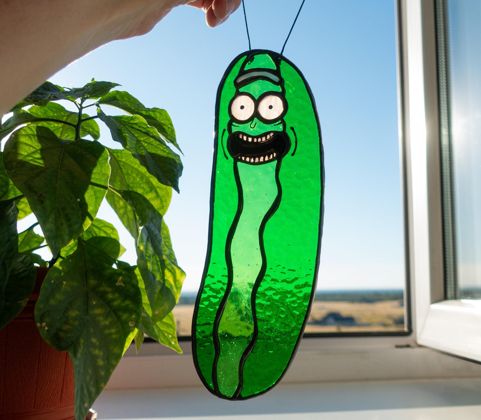 Handmade pickle stained glass suncatcher — copper foil Tiffany technique, bright green glass, made in Ukraine