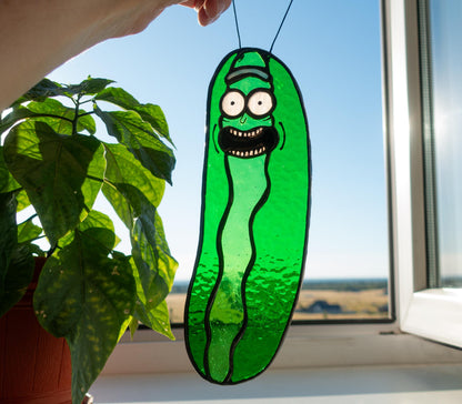 Handmade pickle stained glass suncatcher — copper foil Tiffany technique, bright green glass, made in Ukraine