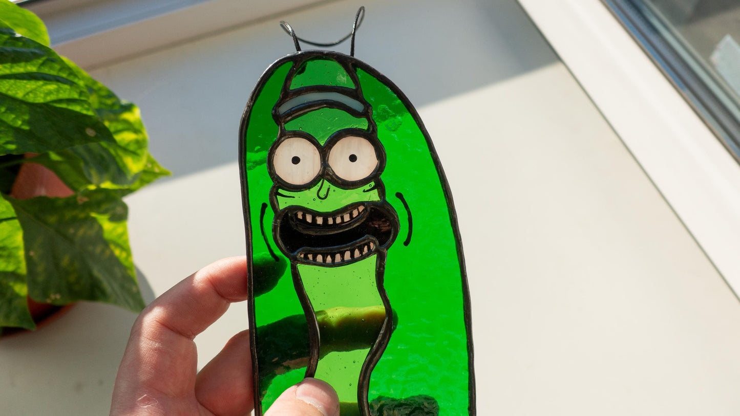 Funny pickle stained glass suncatcher — white elephant Secret Santa gift, quirky home decor, handmade in Ukraine