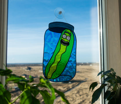 Handmade pickle in a jar stained glass suncatcher — funny kitchen window art gift for pickle lovers